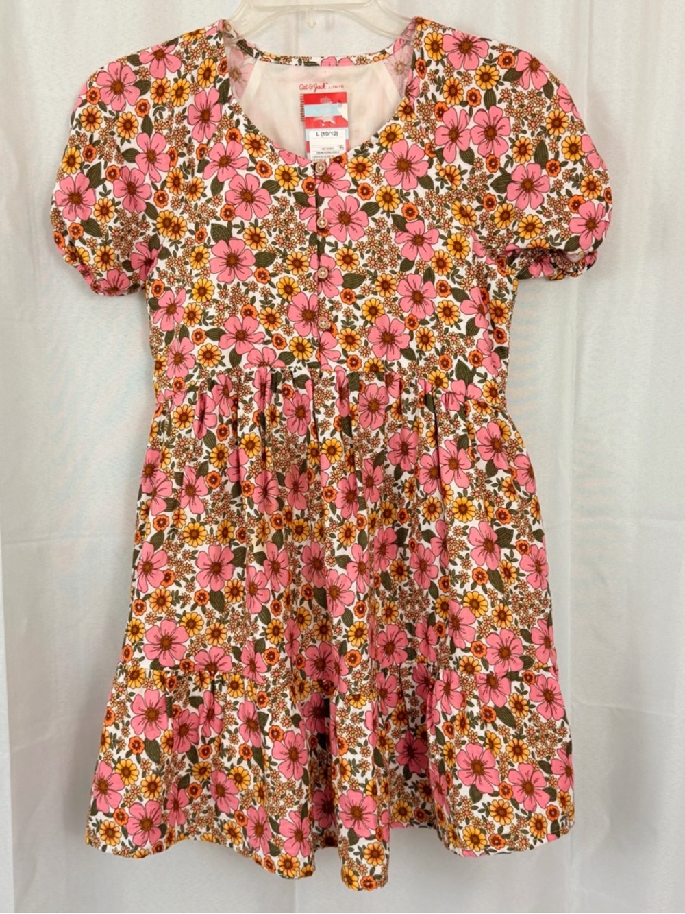 Cat & Jack Pink & Yellow Floral Puff-Sleeve Cotton Gauze Dress Large (10/12)NWT